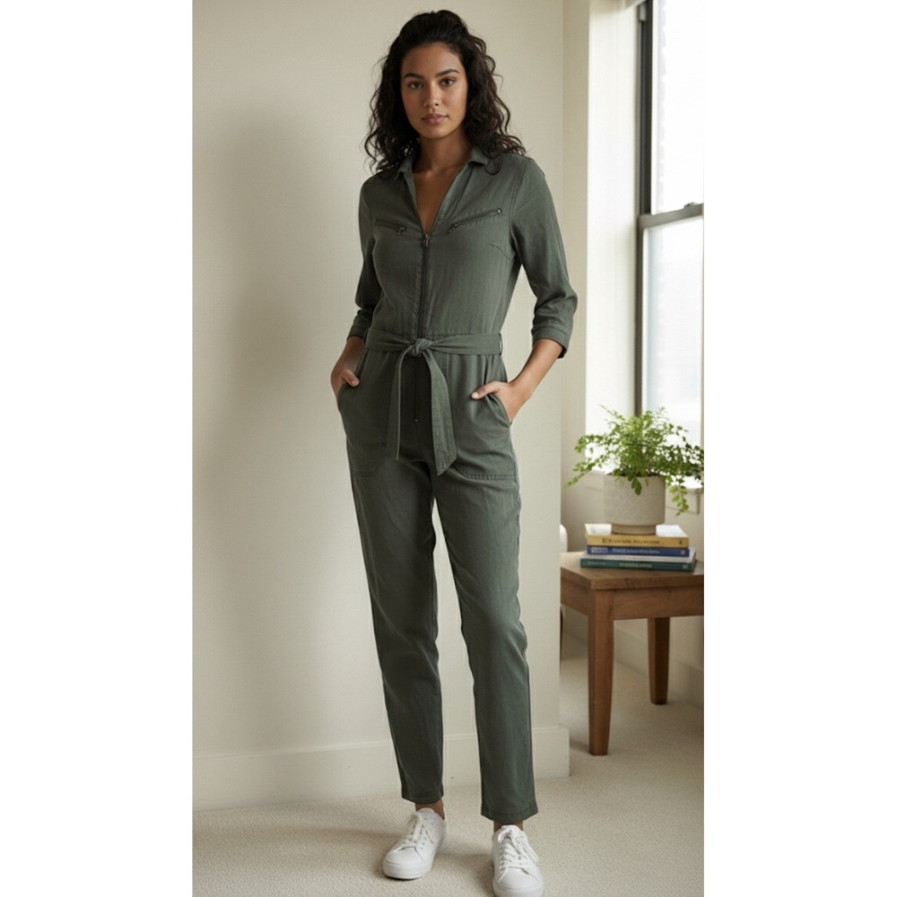 Abercrombie &‎ Fitch Utility Jumpsuit Olive Green Size Small Belted Zip up 16"